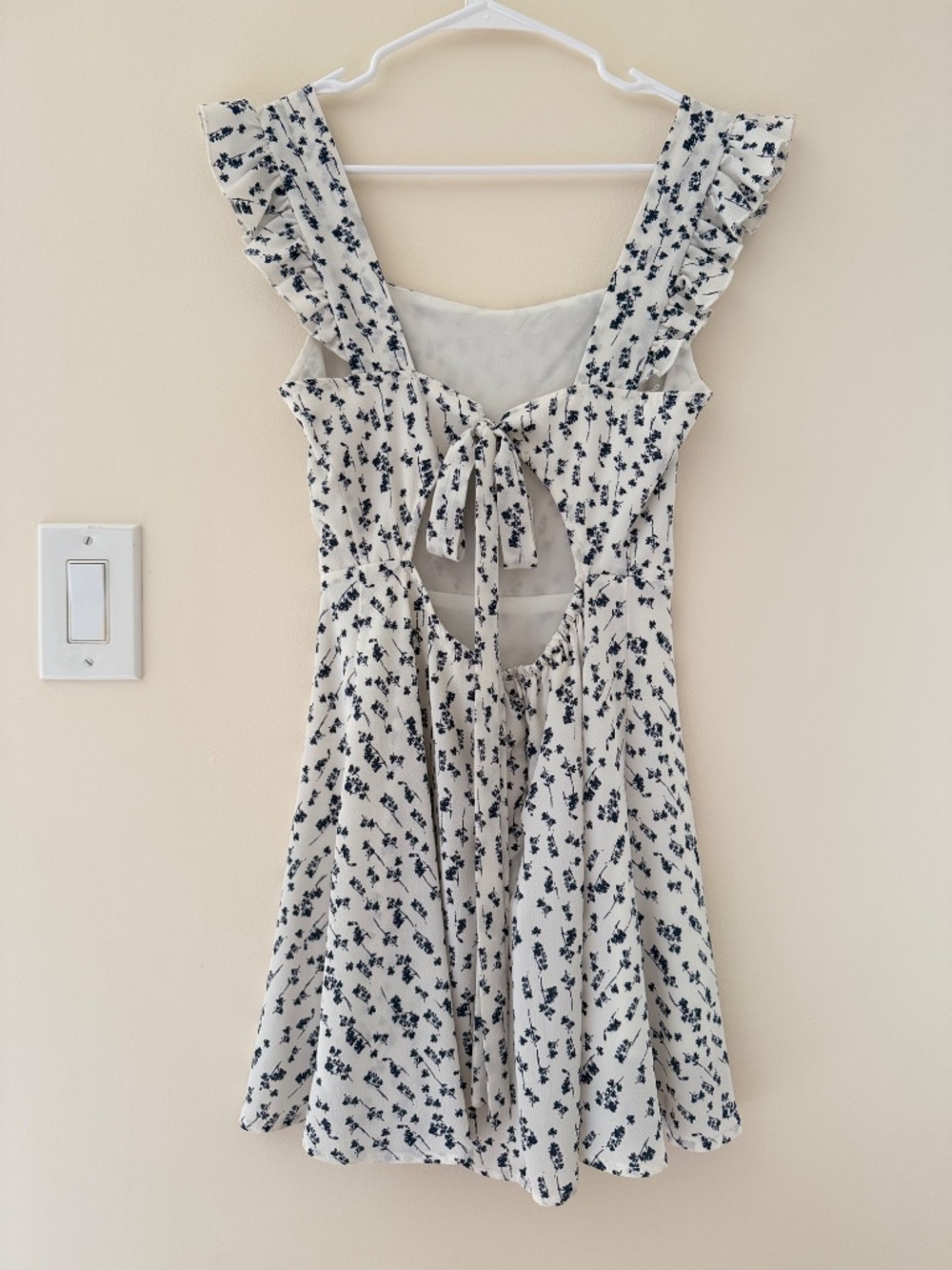 Mono B Floral Square Neck Ruffle Sleeveless Mini Dress Bow White Boho Romantic M - Picture 2 of 6